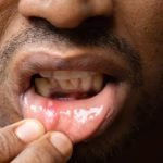 Close up of a canker sore on the inside of a patient's lower lip