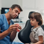 Denver dentist showing a young patient a model of teeth during a routine dental exam
